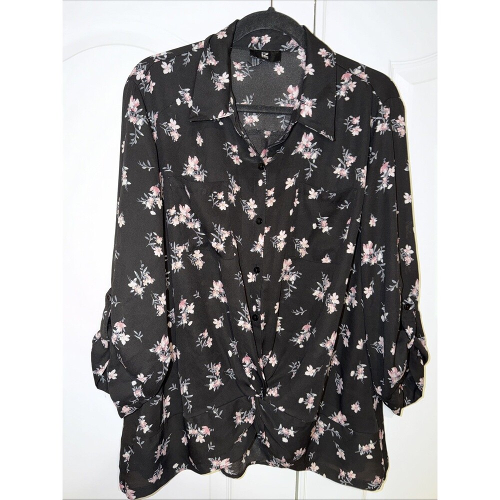 iZ Byer Blouse Semi Sheer Button Up Size XXL Black Dark Floral Twist Tie Front